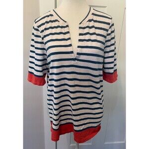 J CREW Womens TOP Short Sleeve BLUE White Orange STRIPE Size XL